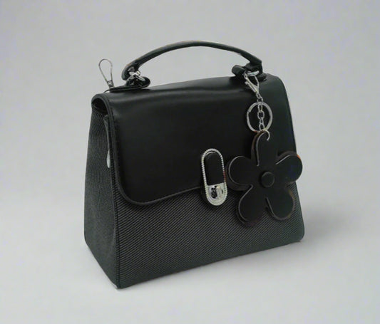 Premium Black Leather Crossbody Handbag with Flower Charm - Designer Shoulder Bag