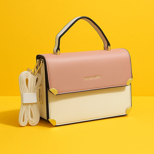 Two-Tone Leather Handbag - Pink & Cream Crossbody Bag with Adjustable Strap