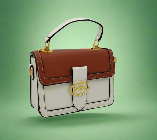 Luxury Two-Tone Leather Handbag - Designer Top Handle Bag with Gold Hardware