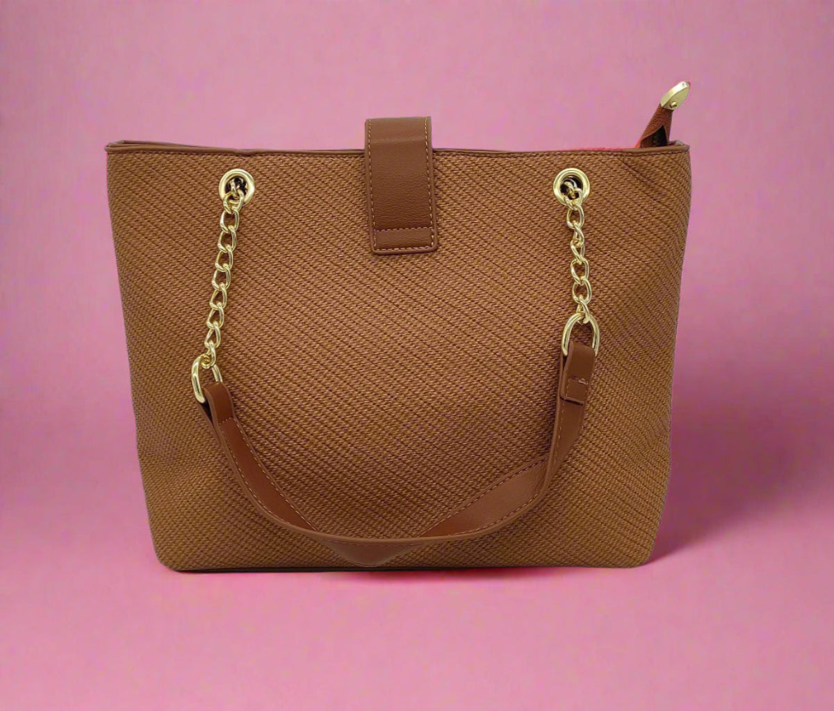 Pink Saffiano Leather Chain Handbag - Designer Tote Bag with Gold Hardware