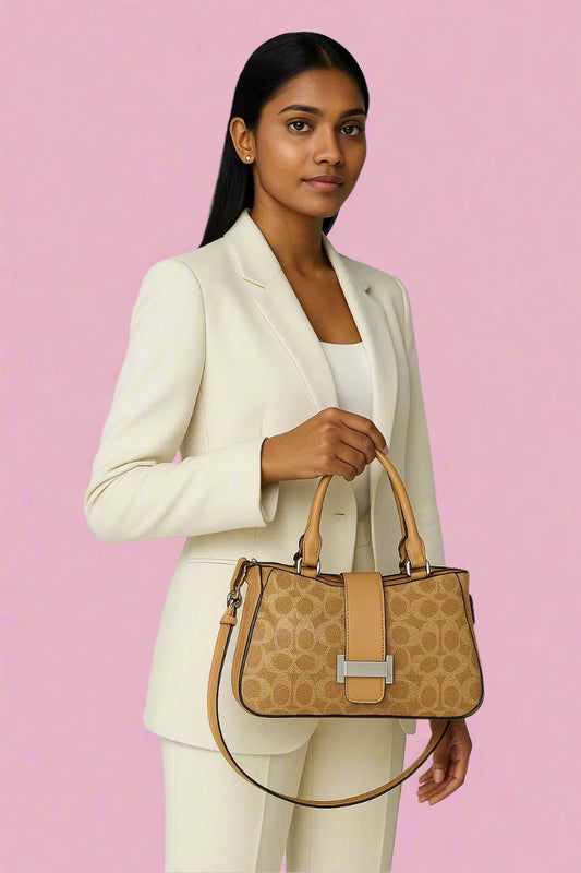 Designer Signature Pattern Handbag - Luxury Canvas Tote with Leather Trim & Adjustable Strap