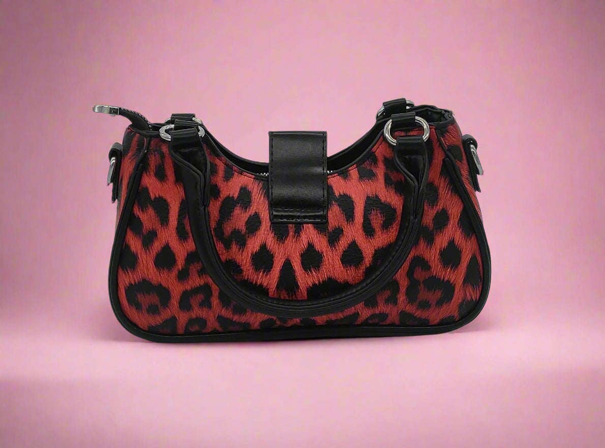 Red Leopard Print Mini Handbag - Designer Crossbody Bag with Adjustable Strap