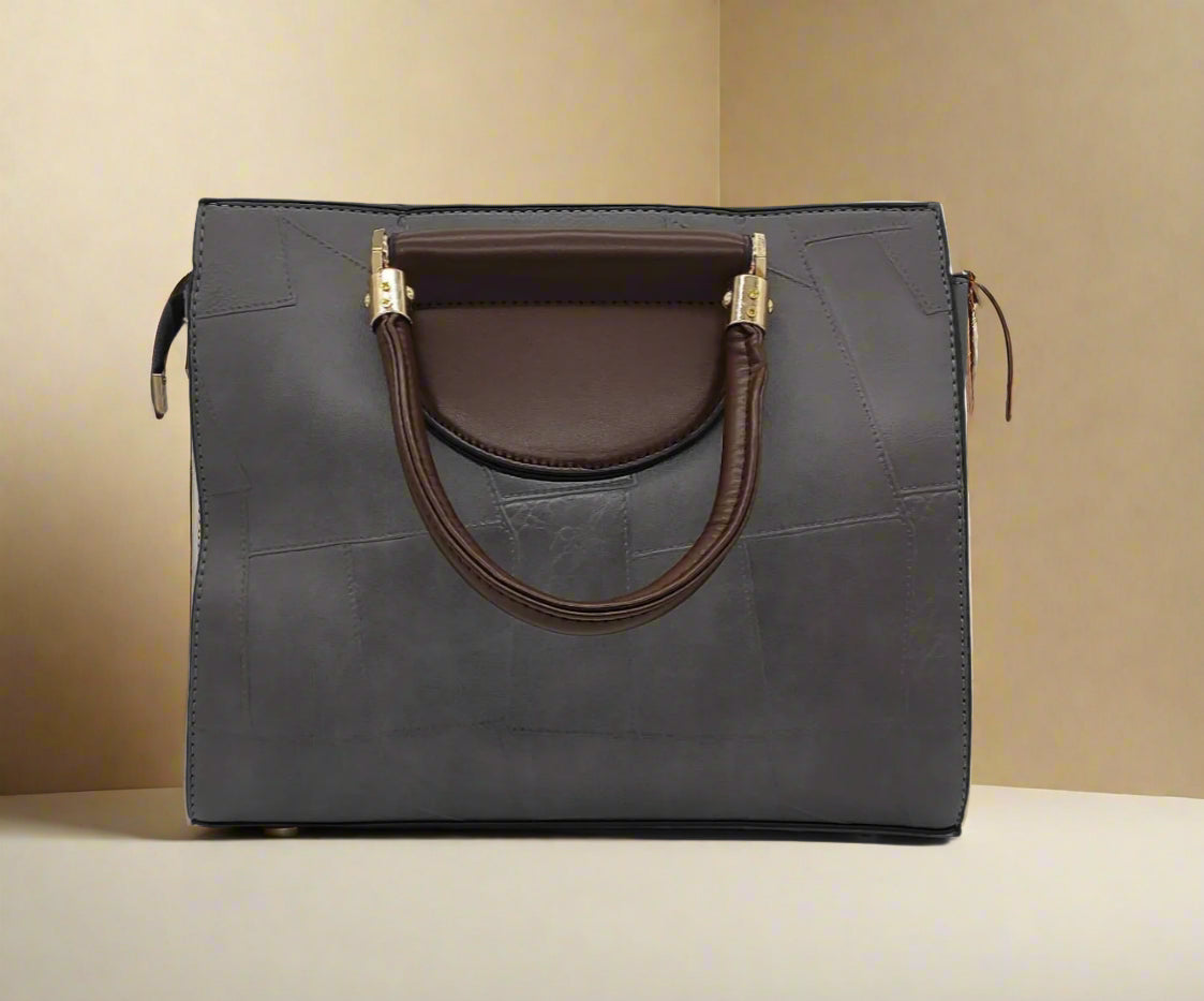 Fashion & Bag Xin Yi Grey Leather Handbag with Brown Handles - Premium Women's Tote Bag