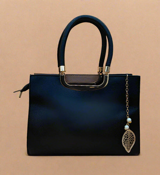 BLACK Structured Handbag with Gold Hardware - Premium Leather Tote Bag