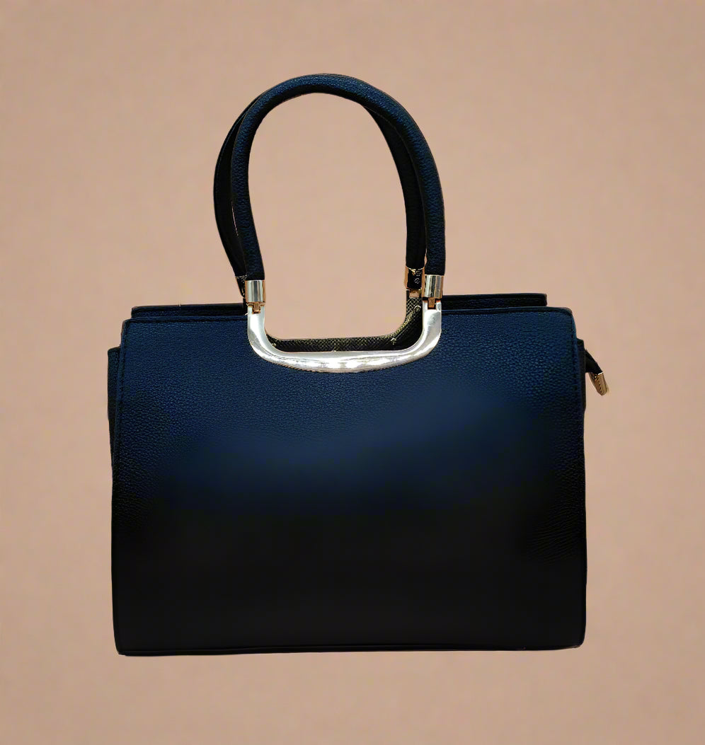 BLACK Structured Handbag with Gold Hardware - Premium Leather Tote Bag