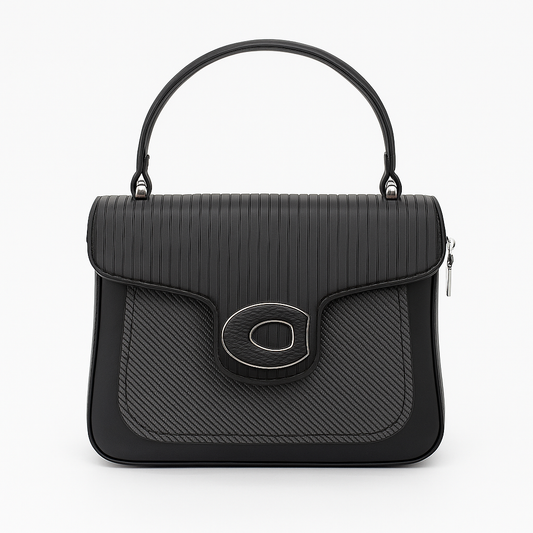 Black handbag with a ribbed texture on a white background