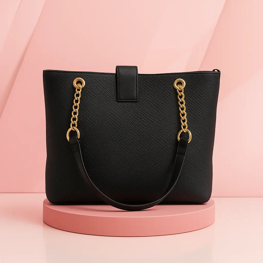 Luxury Black Crossbody Bag with Gold Chain - Premium Textured Leather Handbag