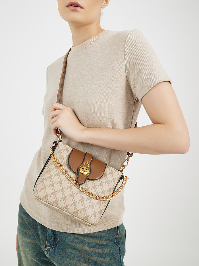 Premium Quilted Crossbody Bag - Beige Chain Shoulder Handbag