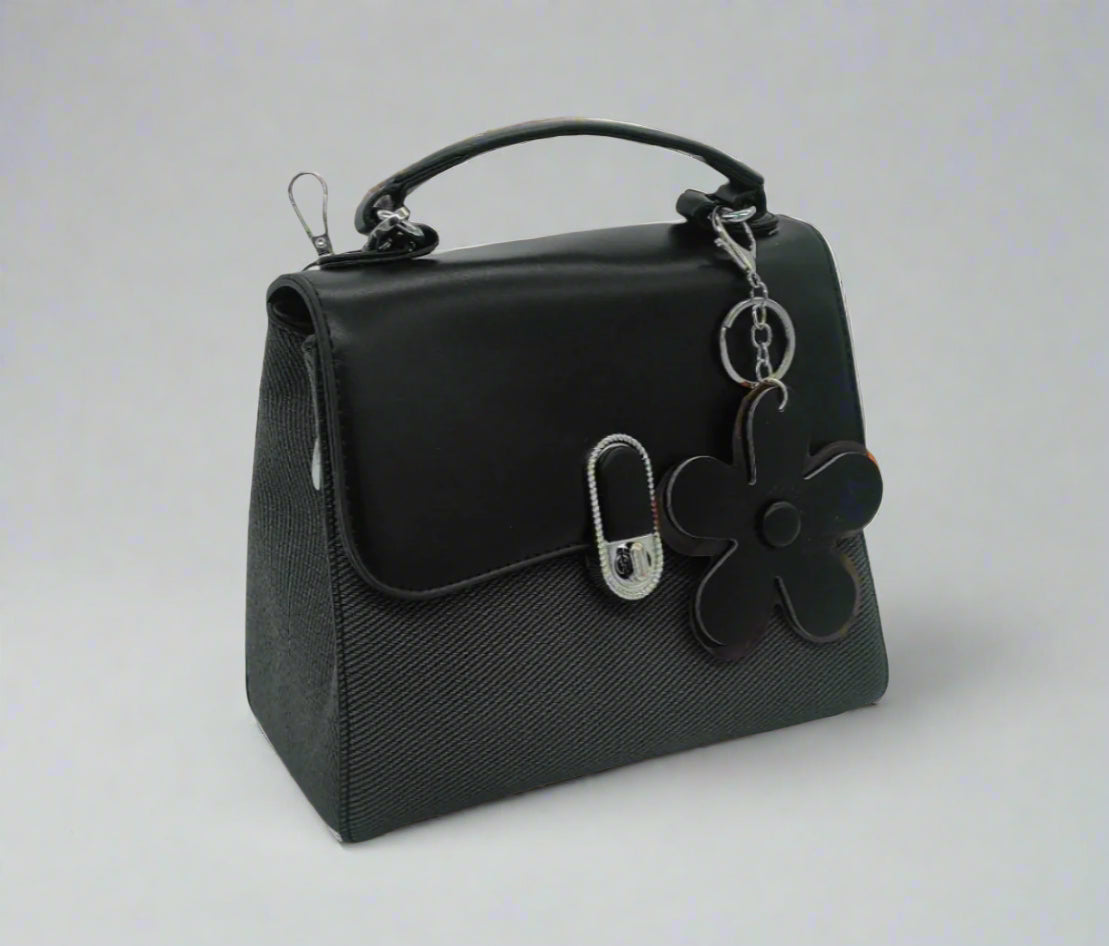 Premium Black Leather Crossbody Handbag with Flower Charm - Designer Shoulder Bag