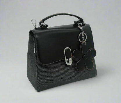 Premium Black Leather Crossbody Handbag with Flower Charm - Designer Shoulder Bag