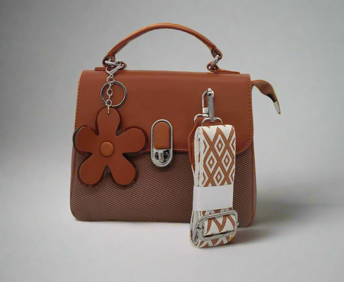 Premium Black Leather Crossbody Handbag with Flower Charm - Designer Shoulder Bag