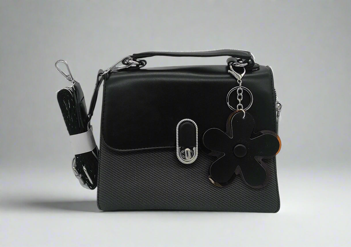 Premium Black Leather Crossbody Handbag with Flower Charm - Designer Shoulder Bag