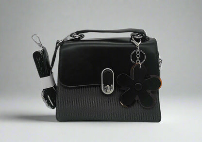 Premium Black Leather Crossbody Handbag with Flower Charm - Designer Shoulder Bag