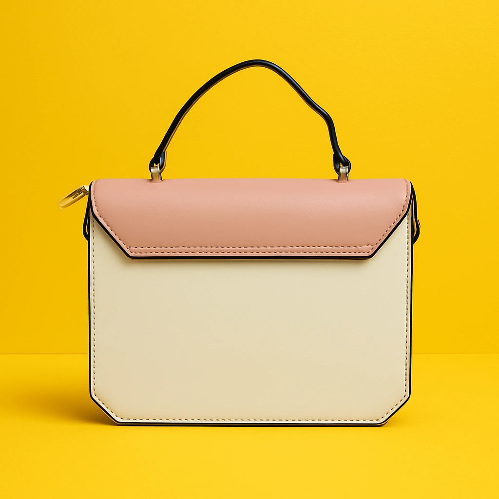Two-Tone Leather Handbag - Pink & Cream Crossbody Bag with Adjustable Strap