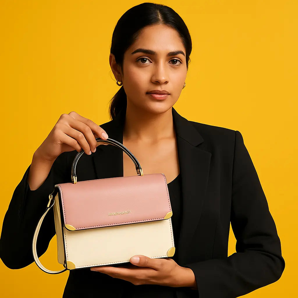Two-Tone Leather Handbag - Pink & Cream Crossbody Bag with Adjustable Strap