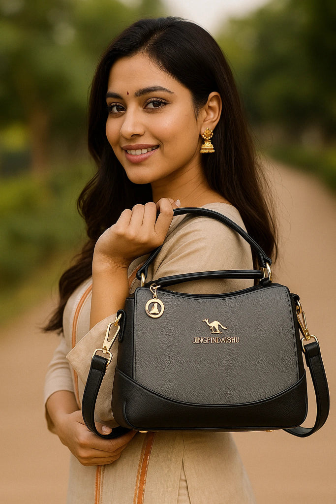 Black Crossbody Handbag - Premium Leather Satchel with Gold Hardware