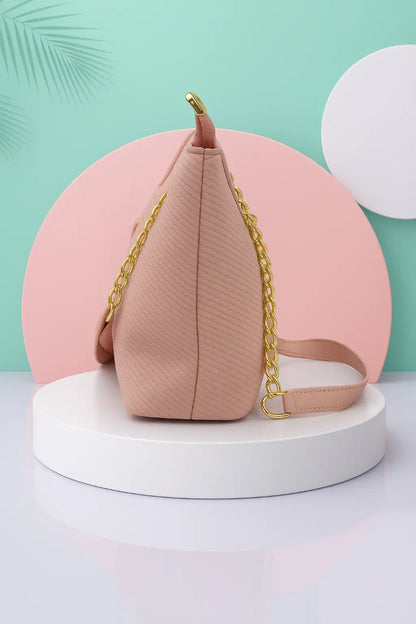 Pink Saffiano Leather Chain Handbag - Designer Tote Bag with Gold Hardware