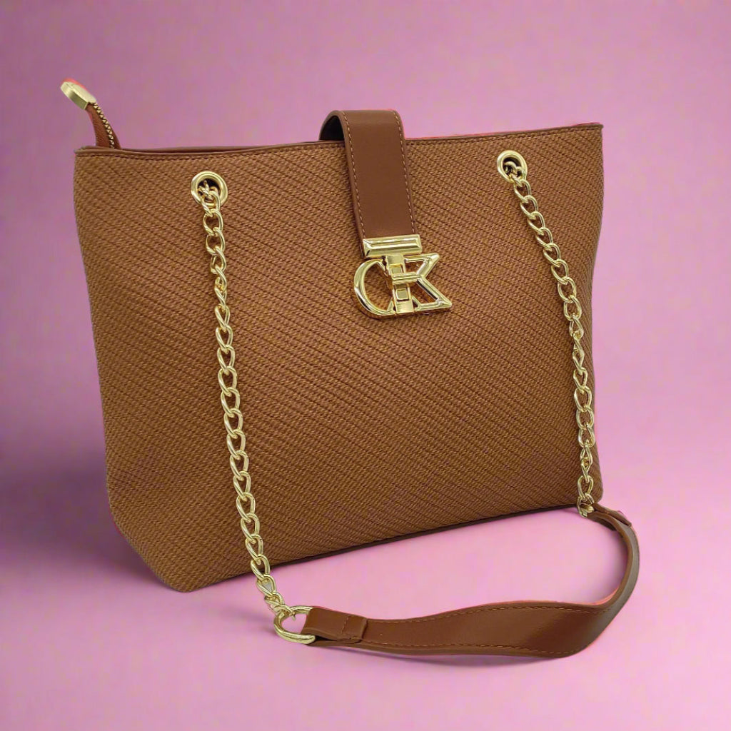 Pink Saffiano Leather Chain Handbag - Designer Tote Bag with Gold Hardware
