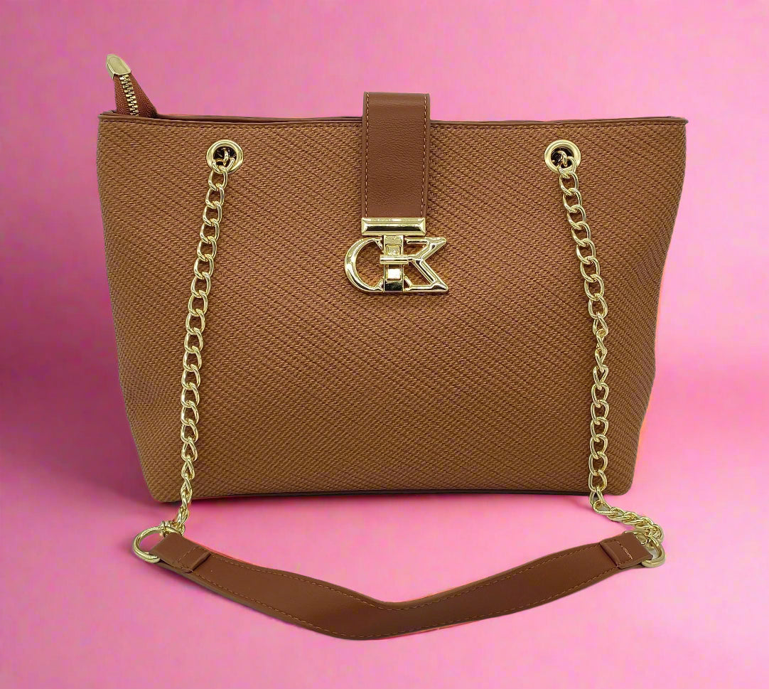 Pink Saffiano Leather Chain Handbag - Designer Tote Bag with Gold Hardware