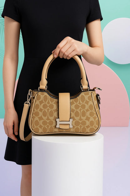 Designer Signature Pattern Handbag - Luxury Canvas Tote with Leather Trim & Adjustable Strap