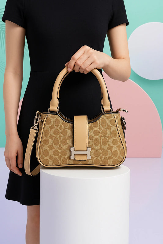 Designer Signature Pattern Handbag - Luxury Canvas Tote with Leather Trim & Adjustable Strap