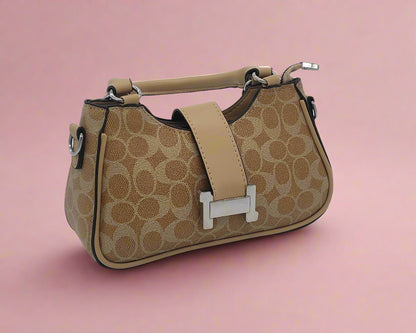 Designer Signature Pattern Handbag - Luxury Canvas Tote with Leather Trim & Adjustable Strap