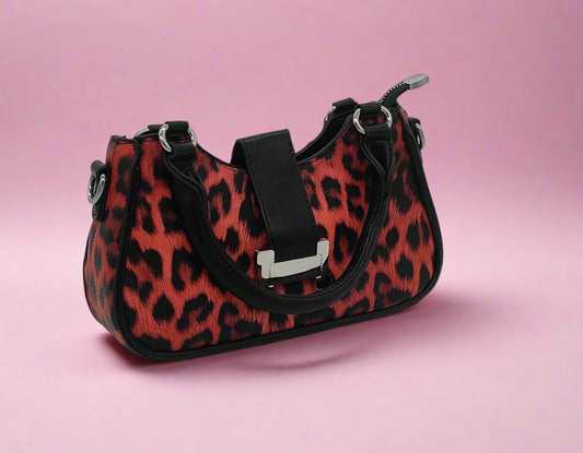 Red Leopard Print Mini Handbag - Designer Crossbody Bag with Adjustable Strap
