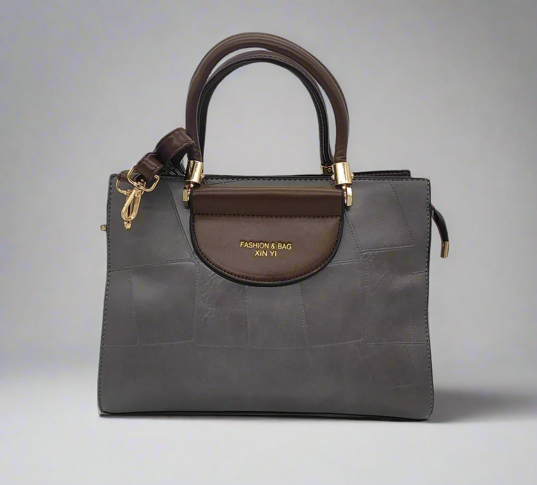 Fashion & Bag Xin Yi Grey Leather Handbag with Brown Handles - Premium Women's Tote Bag