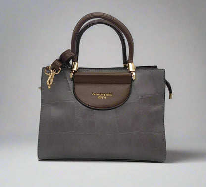 Fashion & Bag Xin Yi Grey Leather Handbag with Brown Handles - Premium Women's Tote Bag
