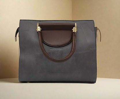Fashion & Bag Xin Yi Grey Leather Handbag with Brown Handles - Premium Women's Tote Bag