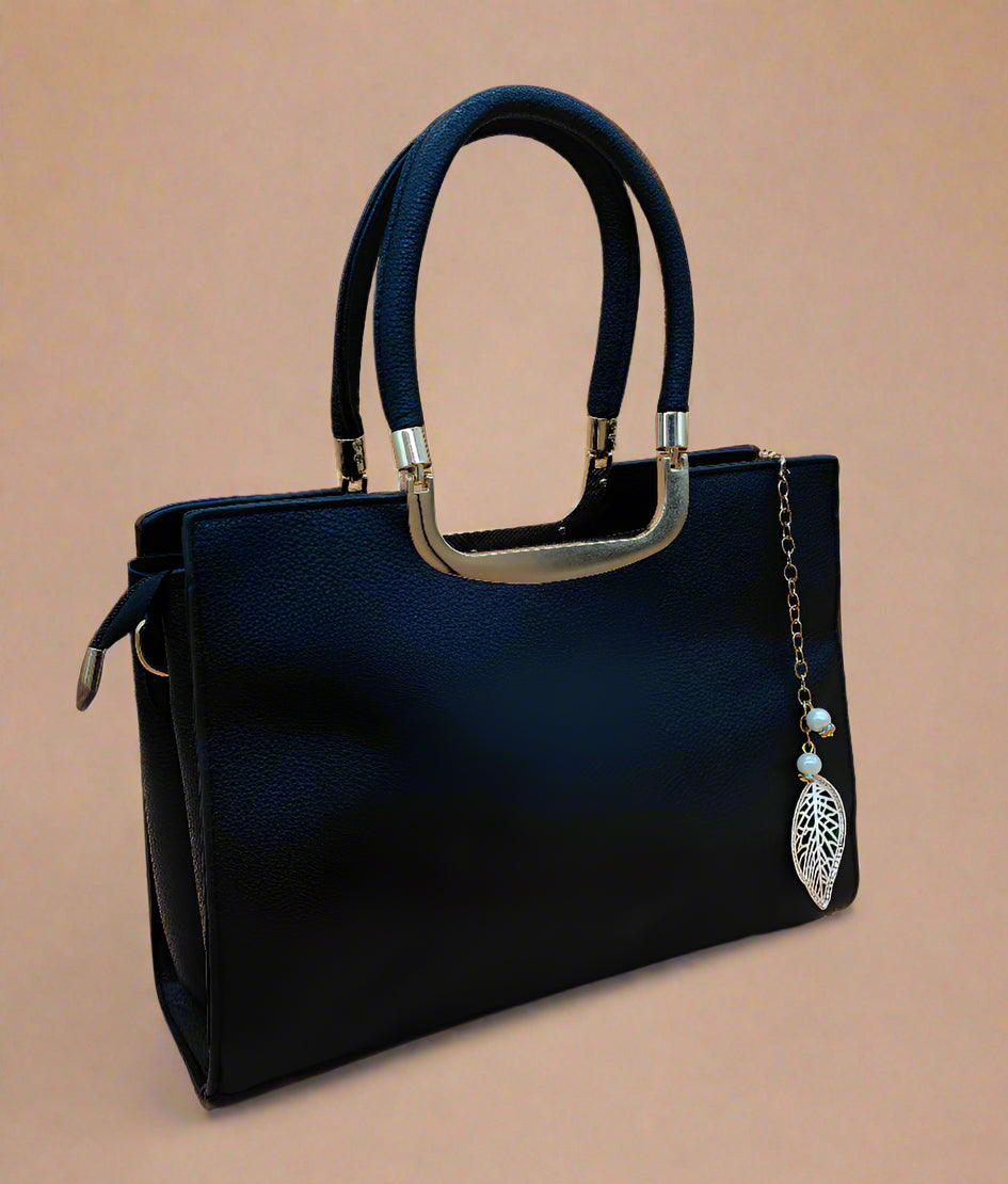 BLACK Structured Handbag with Gold Hardware - Premium Leather Tote Bag