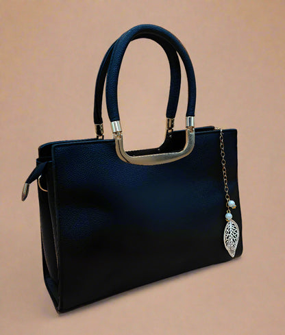 BLACK Structured Handbag with Gold Hardware - Premium Leather Tote Bag