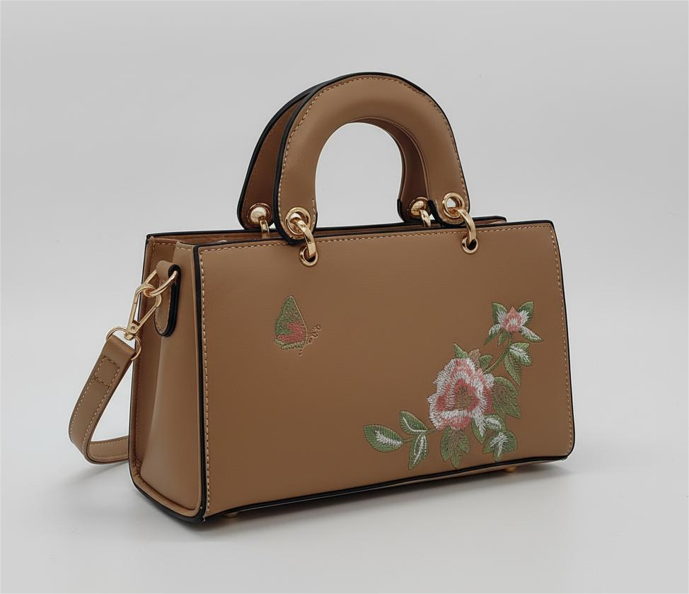 Floral Embroidered Handbag - Butterfly Design Crossbody Bag with Top Handle