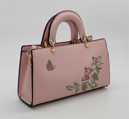 Floral Embroidered Handbag - Butterfly Design Crossbody Bag with Top Handle