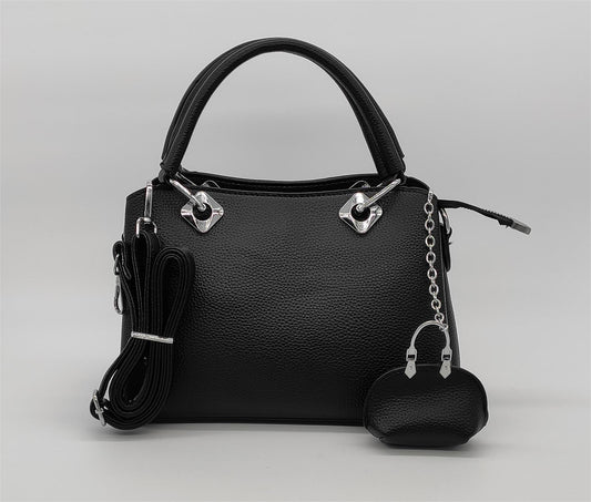 Premium Black Leather Handbag with Silver Hardware & Detachable Strap