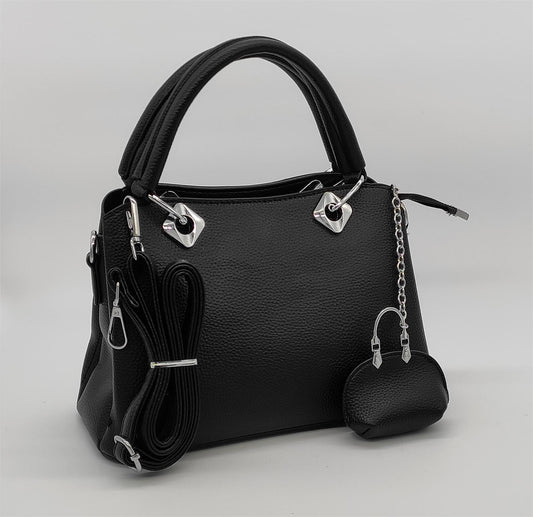 Premium Black Leather Handbag with Silver Hardware & Detachable Strap