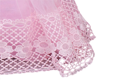 Close-up of pink fabric with white lace trim on a gray background