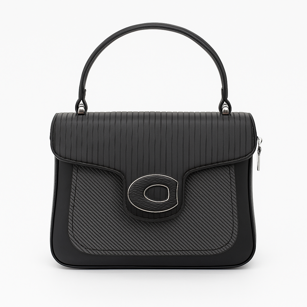 Black handbag with a ribbed texture on a white background