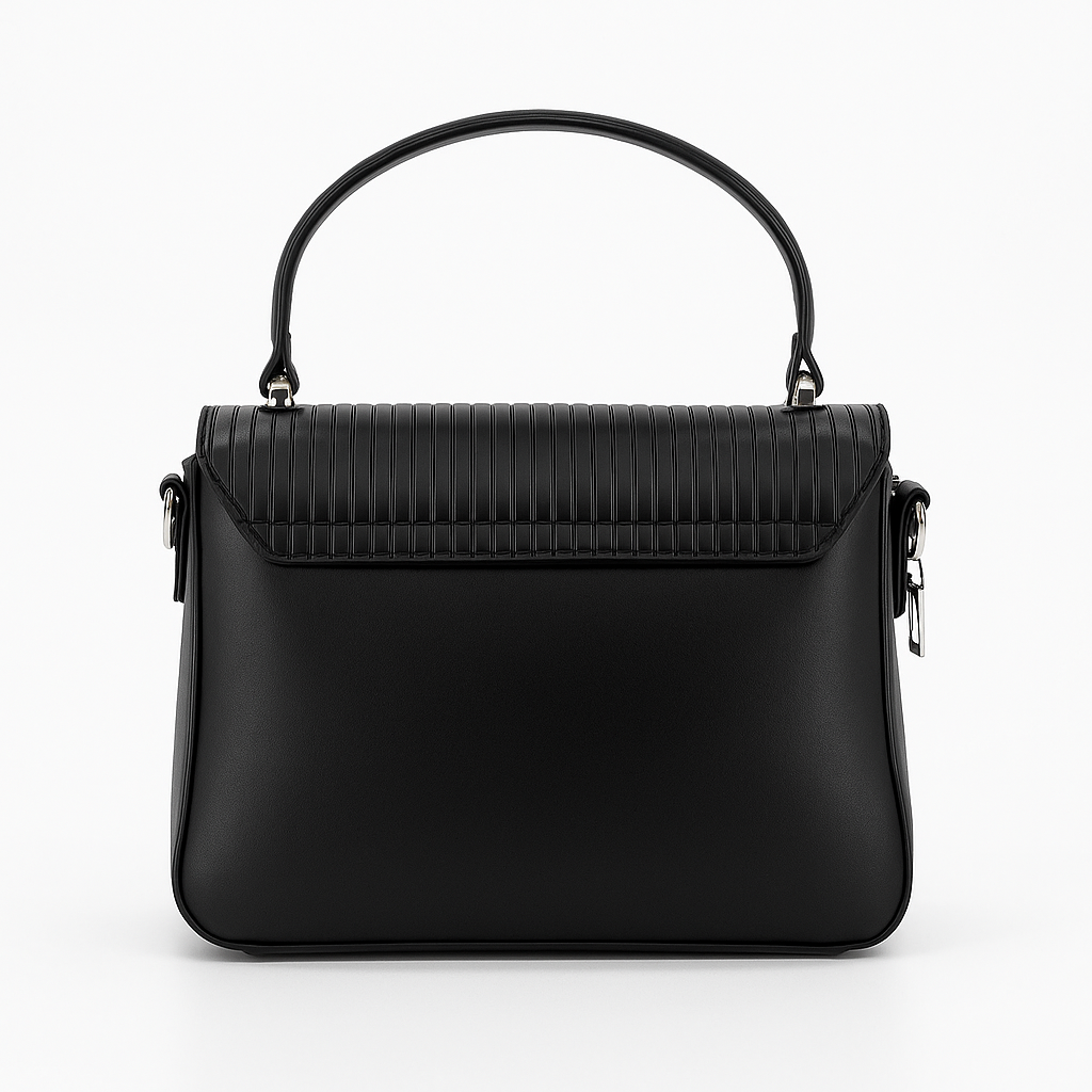 Black handbag with a ribbed texture on a white background