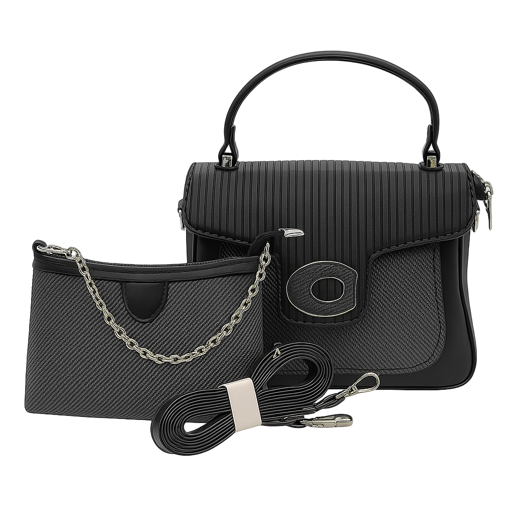 Black handbag with chain strap and shoulder strap on a white background