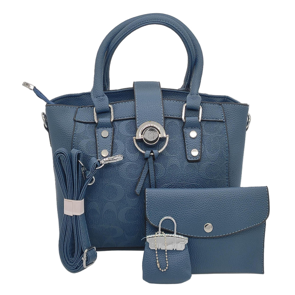 Blue handbag set with matching wallet and strap on a white background