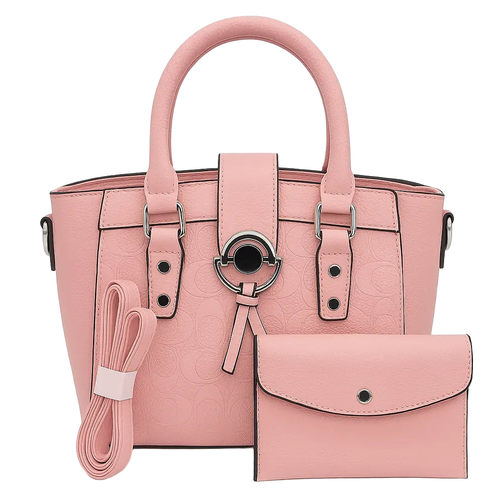 Pink handbag with matching wallet and strap on a white background
