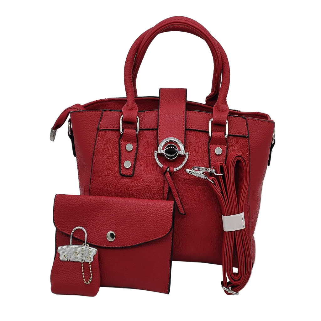 Red handbag with matching pouch on a white background