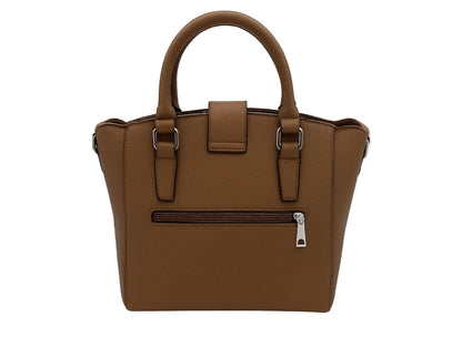 Brown handbag with a silver zipper on a white background