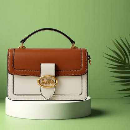 Luxury Two-Tone Leather Handbag - Designer Top Handle Bag with Gold Hardware