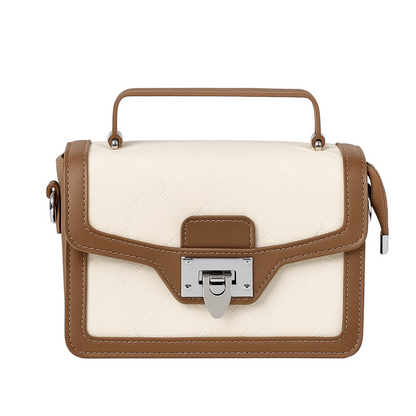 Premium Leather Top Handle Handbag - Elegant Two-Tone Designer Bag
