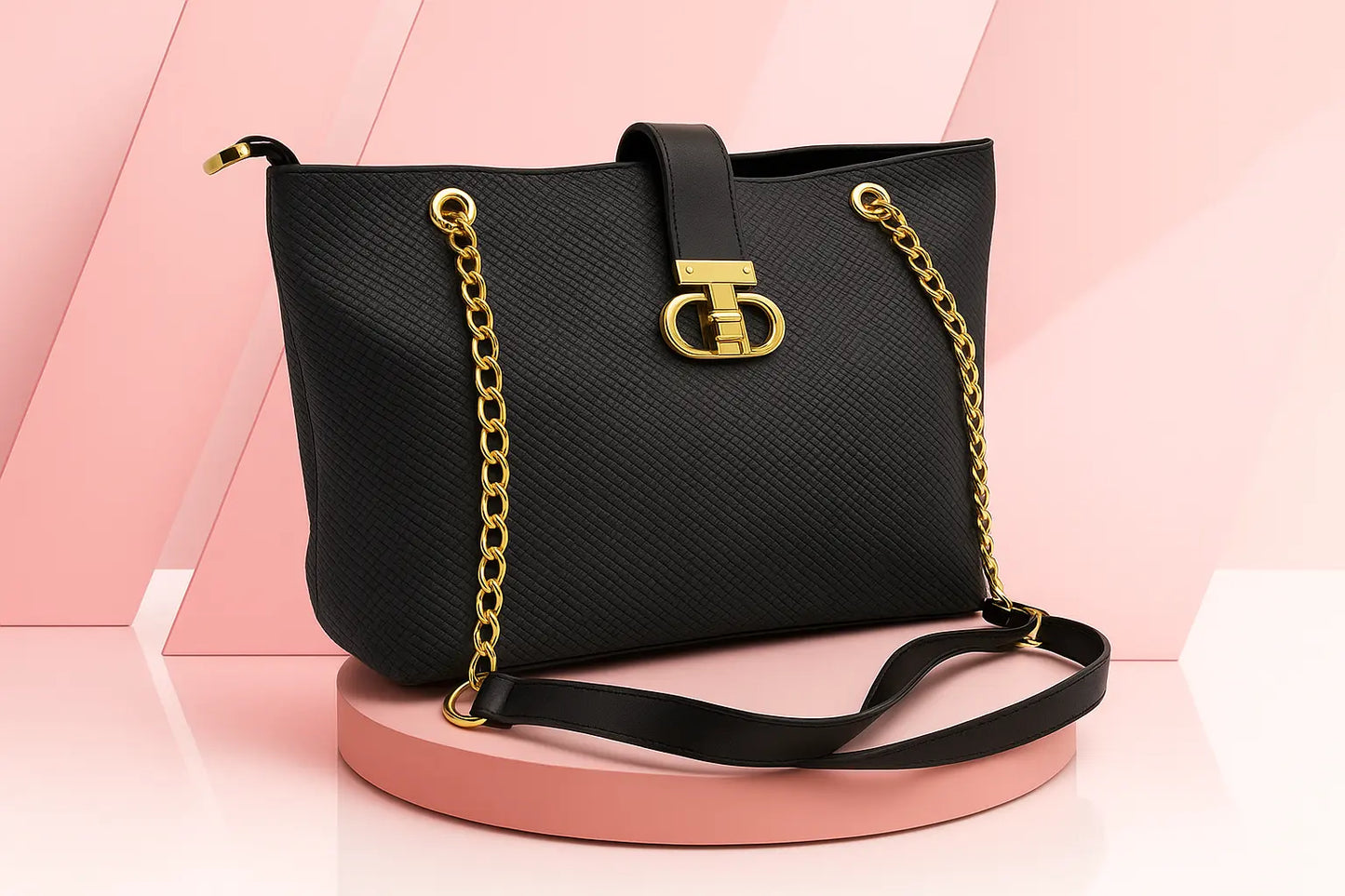 Luxury Black Crossbody Bag with Gold Chain - Premium Textured Leather Handbag