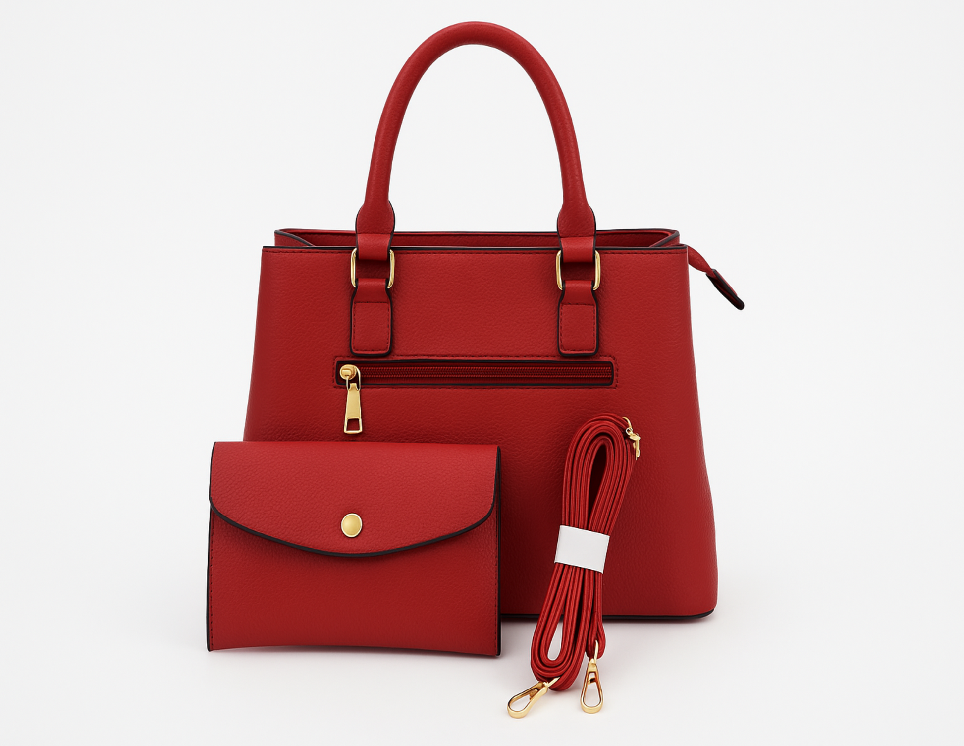 Red handbag with matching wallet and strap on a white background